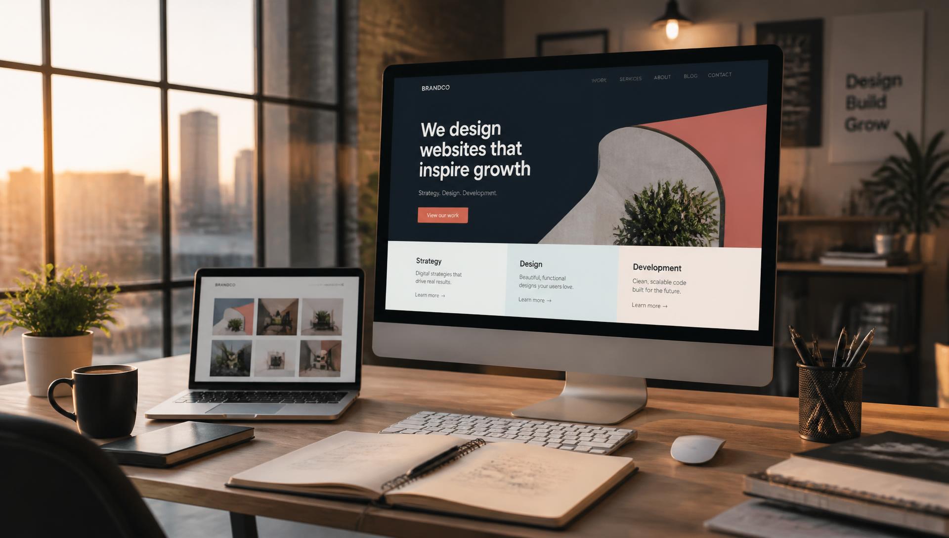 Web design studio desk with a website layout on screen