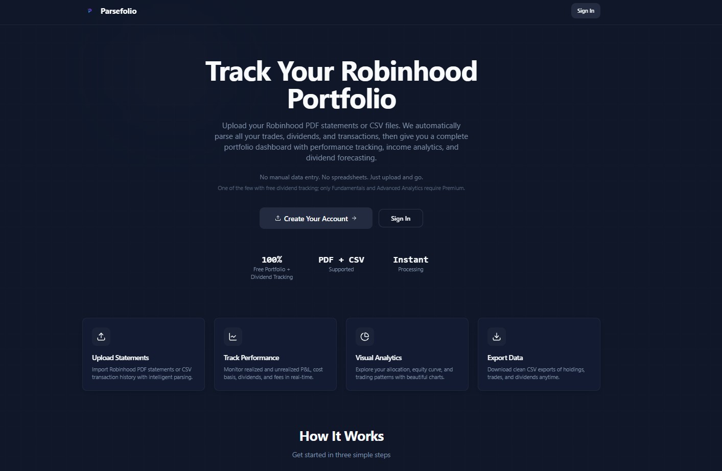 Parsefolio landing page showing portfolio tracking features